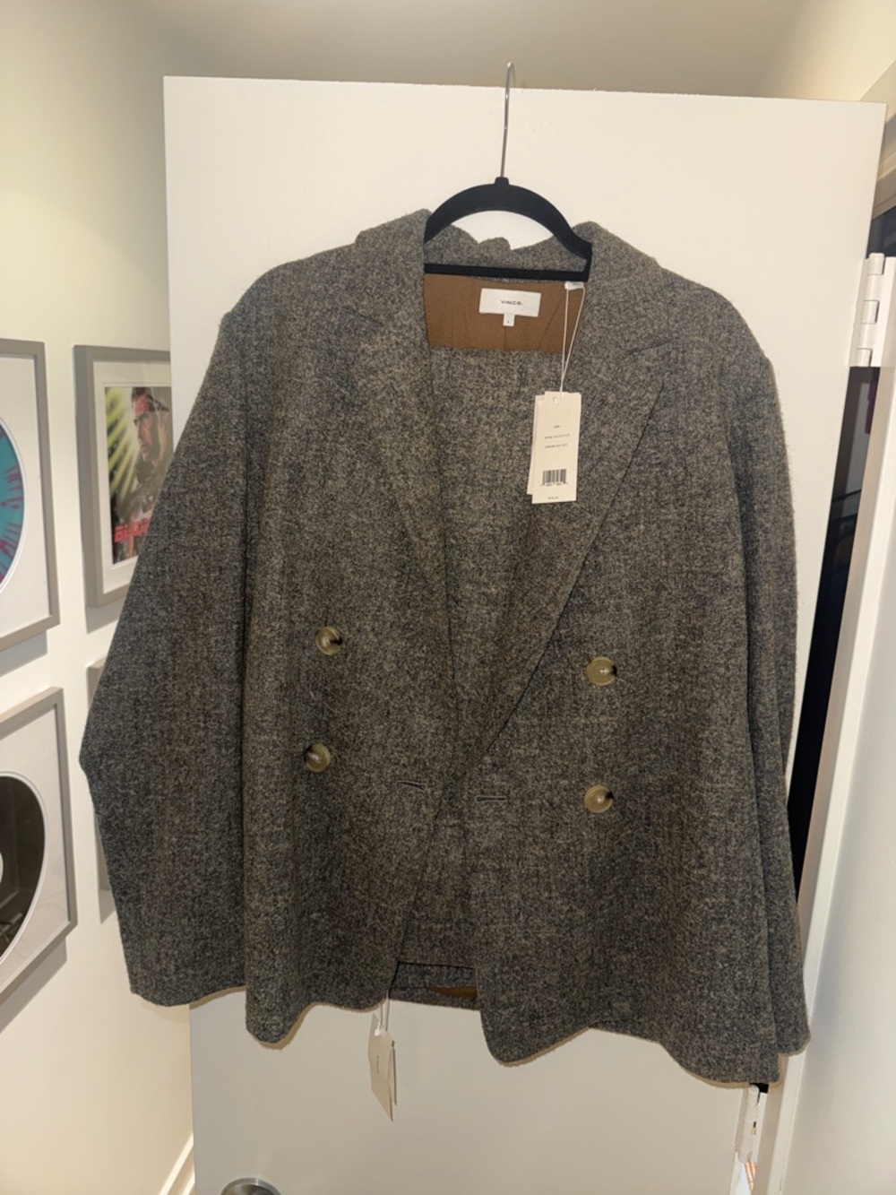 NWT Vince Double-Breasted Grey Wool-Blend Suit Blazer (Large) & Pants (Size 14)
